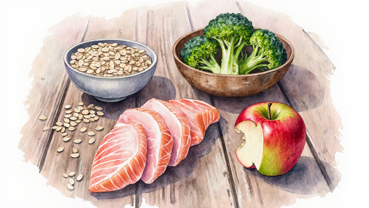 Акварельный рисунок пяти продуктов для похудения, расположенных кольцом.