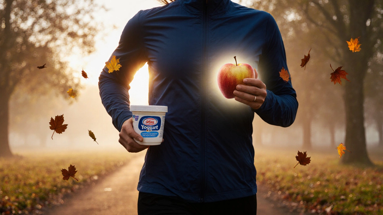 Человек бежит на рассвете с яблоком и йогуртом, осенние листья вокруг.