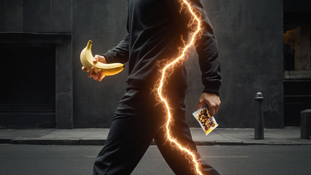 Человек идет по улице с бананом и сухофруктами, вокруг — энергетические волны.