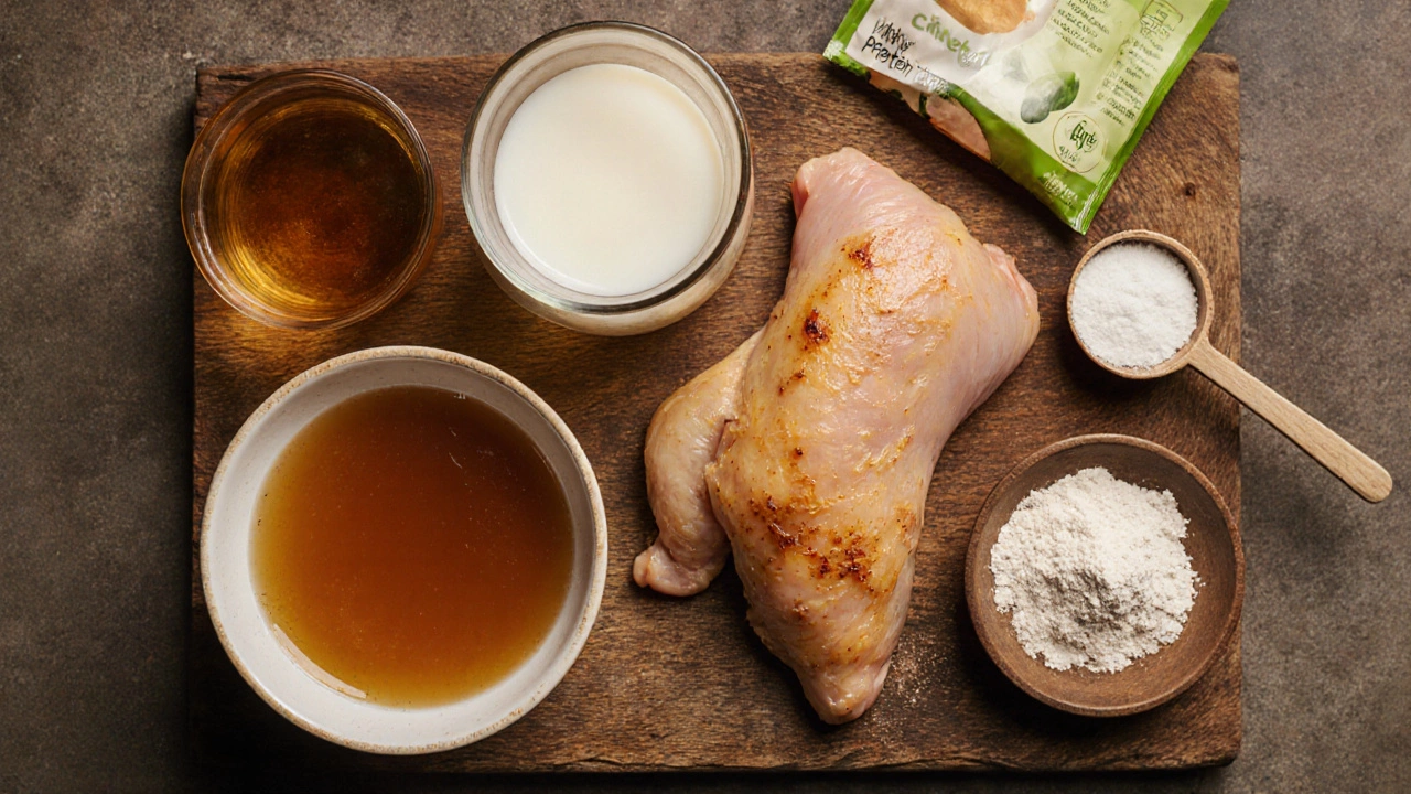Флэт‑лей продуктов: говяжий бульон, куриная грудка, яичный белок, сывороточный и гороховый протеин.