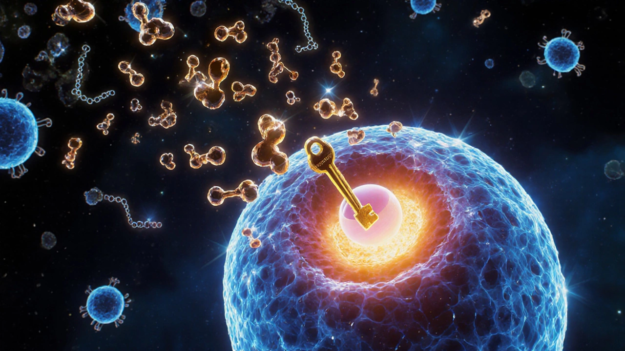 Художественное изображение мышечной клетки, в которую входят молекулы креатина под действием инсулина