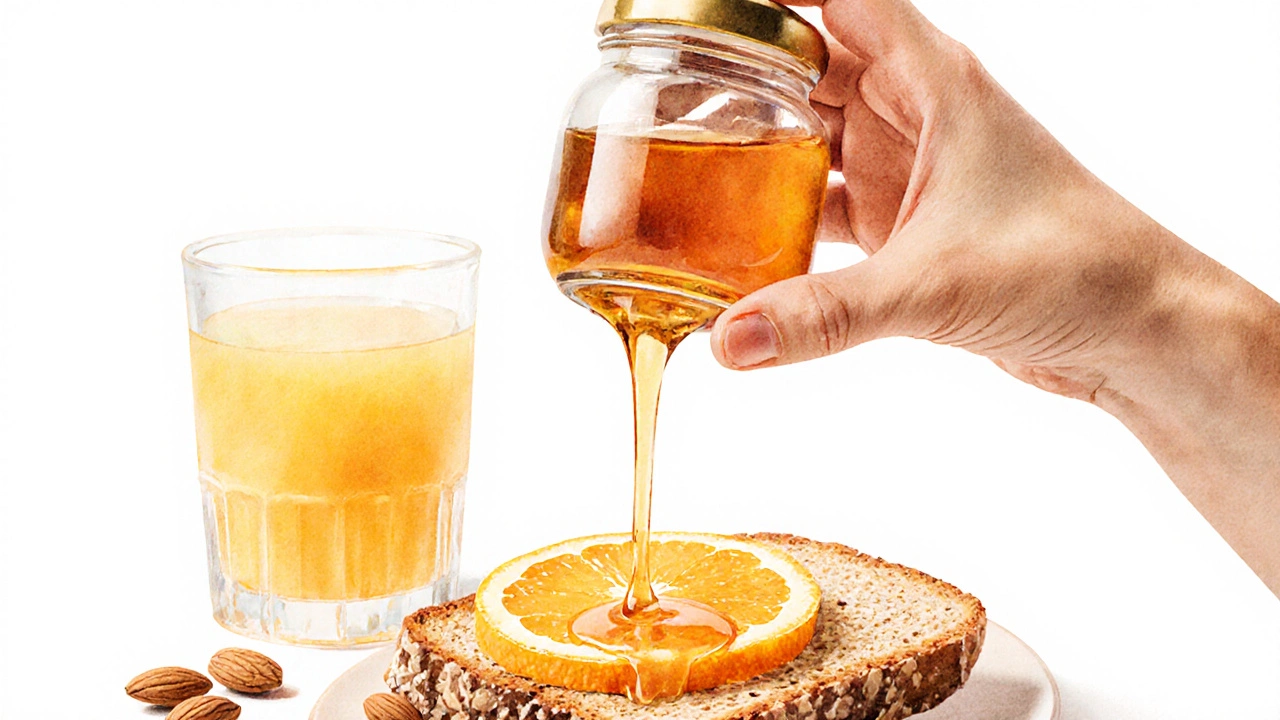 Капля меда на тосте с апельсиновым соком и миндалем.