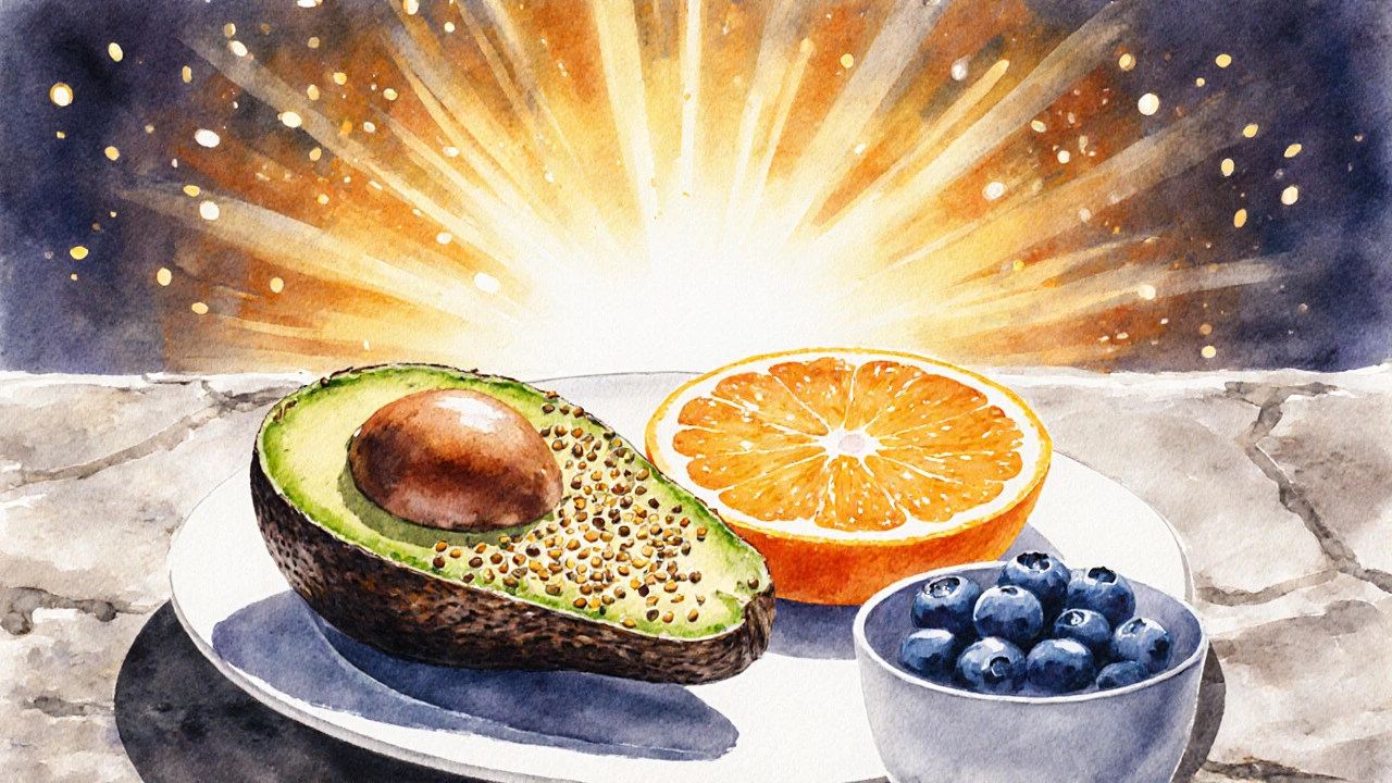 Половина авокадо, апельсин и черника на каменном столе, как солнечный узор.