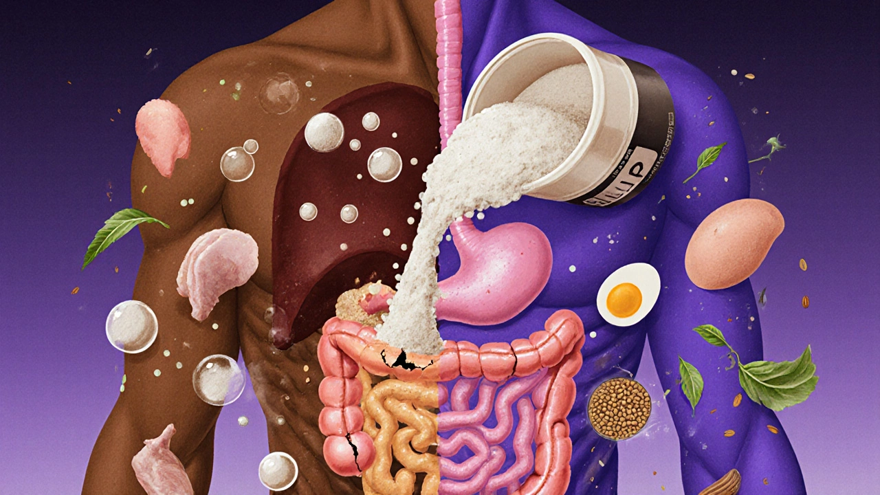 Схема пищеварительной системы с протеиновым порошком, вызывающим вздутие, и натуральной пищей, плавно проходящей через организм.