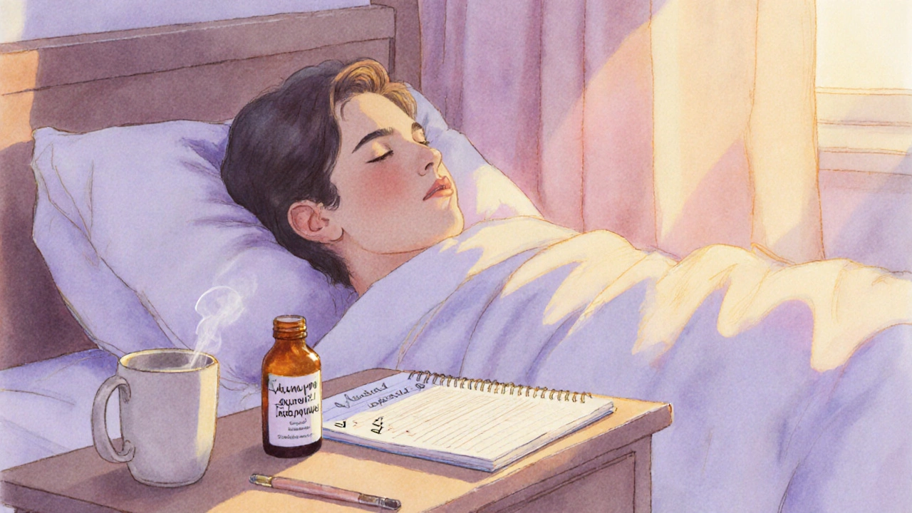 Спокойный сон рядом с бутылкой L‑карнитина и планировщиком целей на ночном столике.