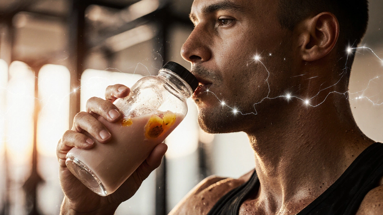 Спортсмен пьёт восстановительный коктейль с креатином после тренировки