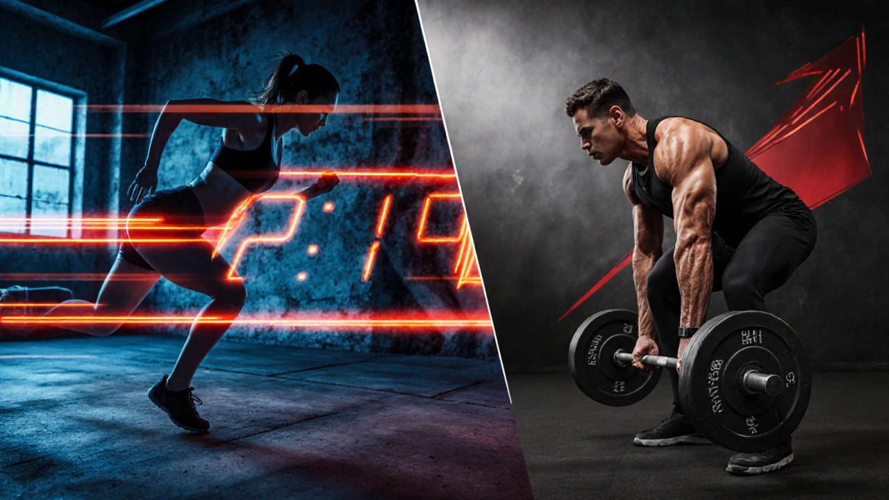 Спортсмен выполняет HIIT‑упражнение и поднимает штангу, показывая сочетание тренировок.