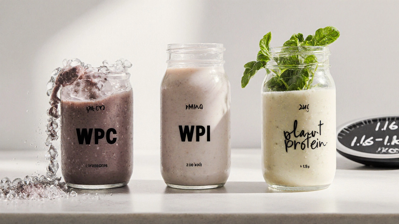 Три вида протеиновых коктейлей на кухонной стойке с надписями и натуральной едой, рядом — цифры оптимальной дозы белка.