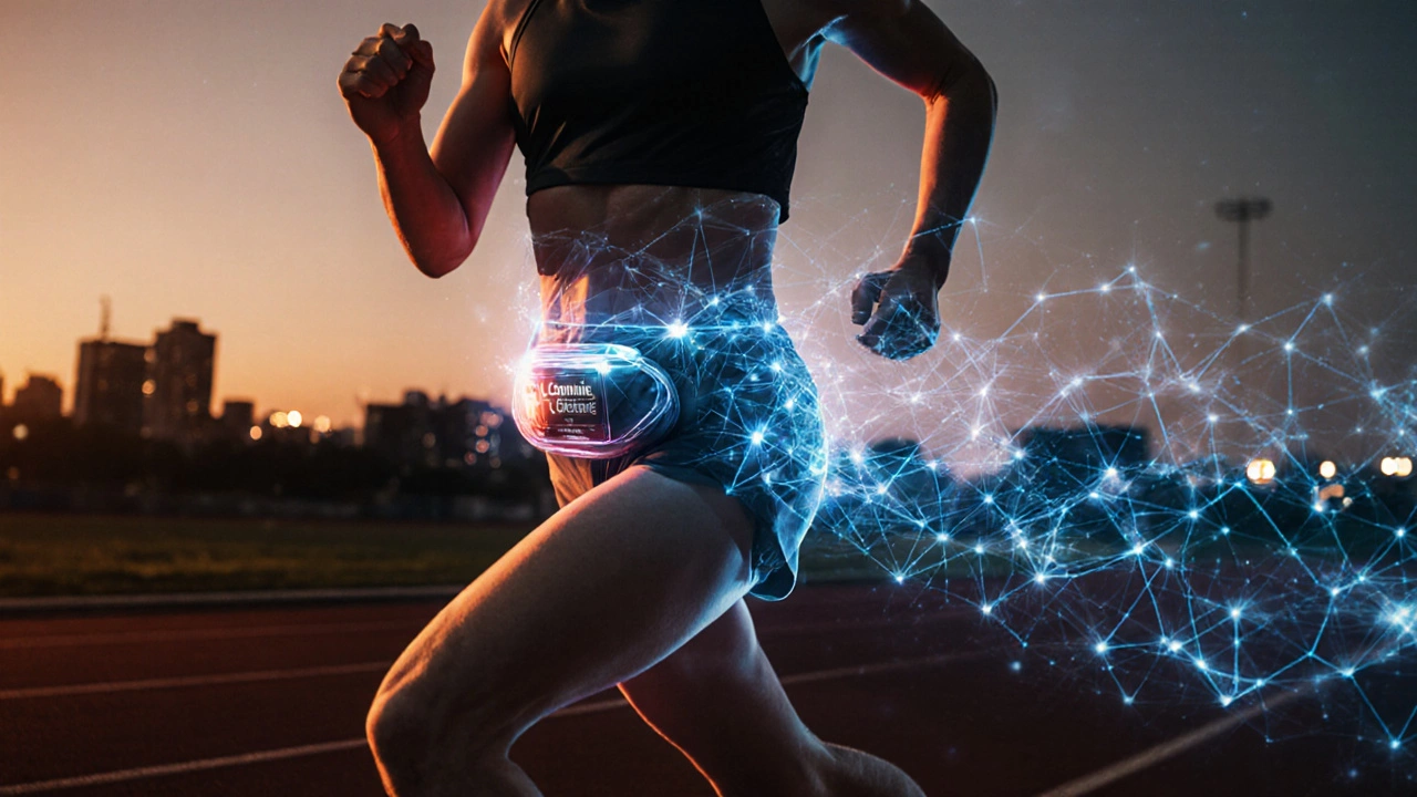 Бегун на закате, вокруг него — энергетические волны, символизирующие сжигание жира, в поясной сумке — добавки.