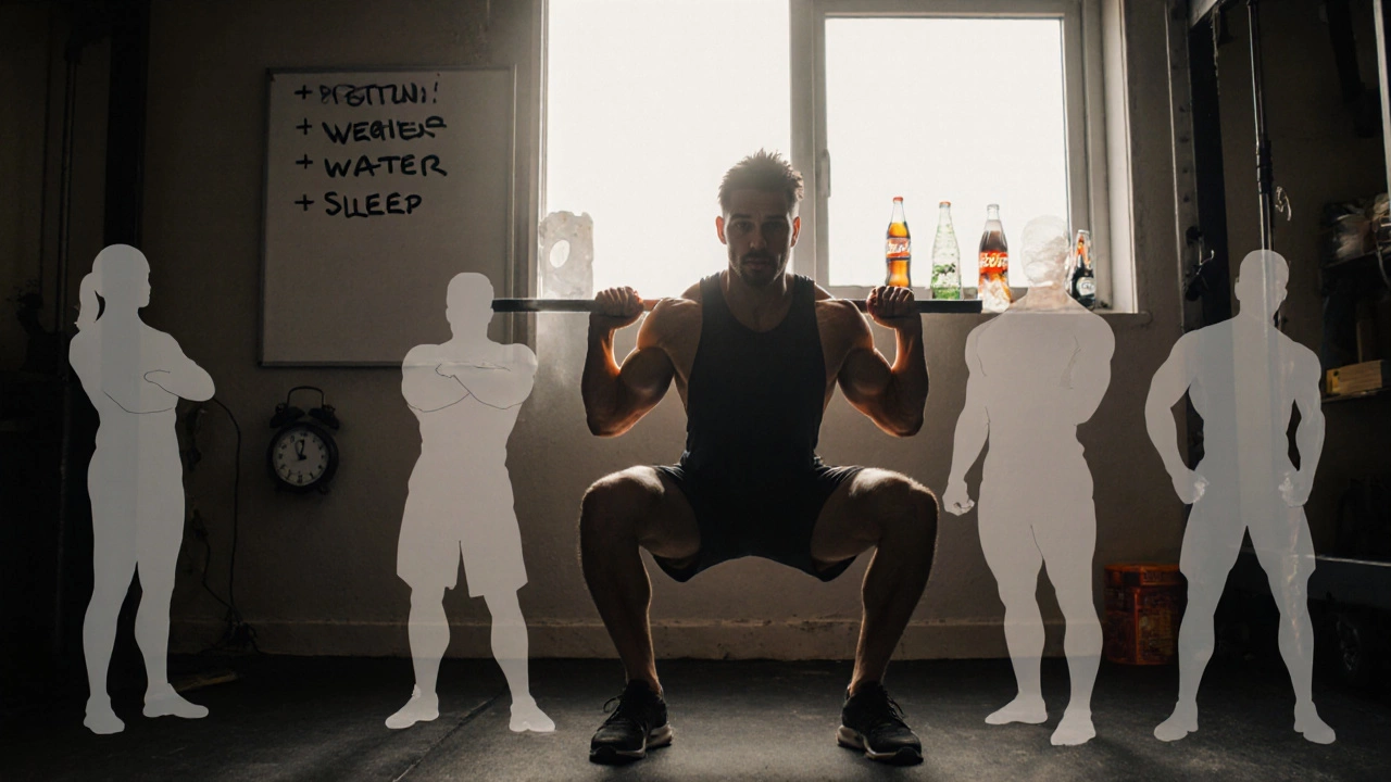 Человек делает приседания в тренажерном зале, а вокруг исчезают символы вредной еды и стресса, подчеркивая силовые тренировки как ключ к похудению.