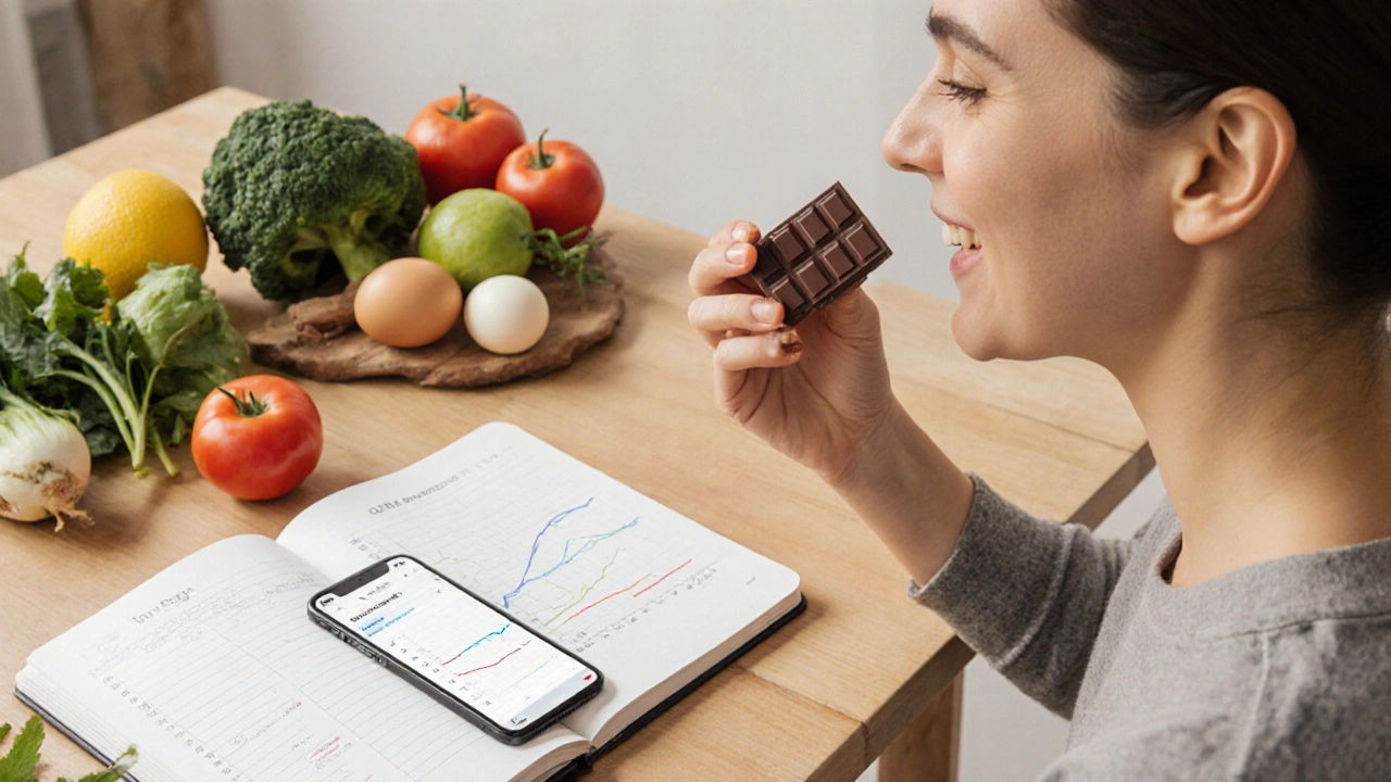Человек ест шоколад за кухонным столом, вокруг — овощи, яйца и дневник с графиком стабильного снижения веса.