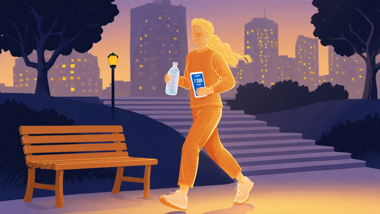 Человек гуляет вечером, смотрит на телефон с 7200 шагами, городские огни на фоне.