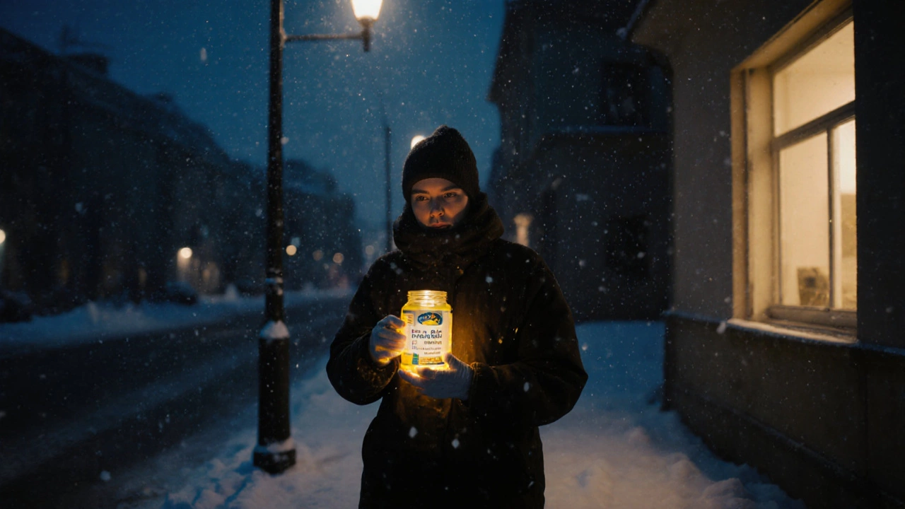 Человек идёт зимним вечером с витаминами, внутренний свет согревает его.