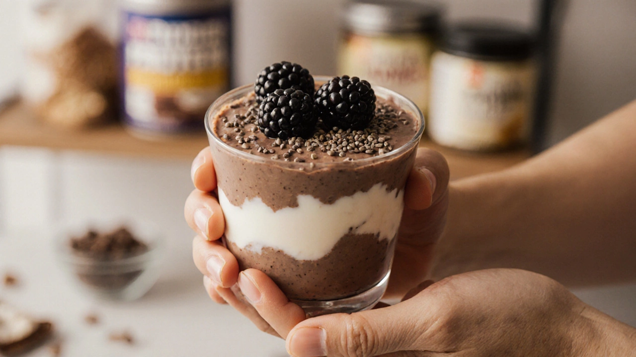 Домашний белковый десерт с ежевикой и семенами чиа в стакане