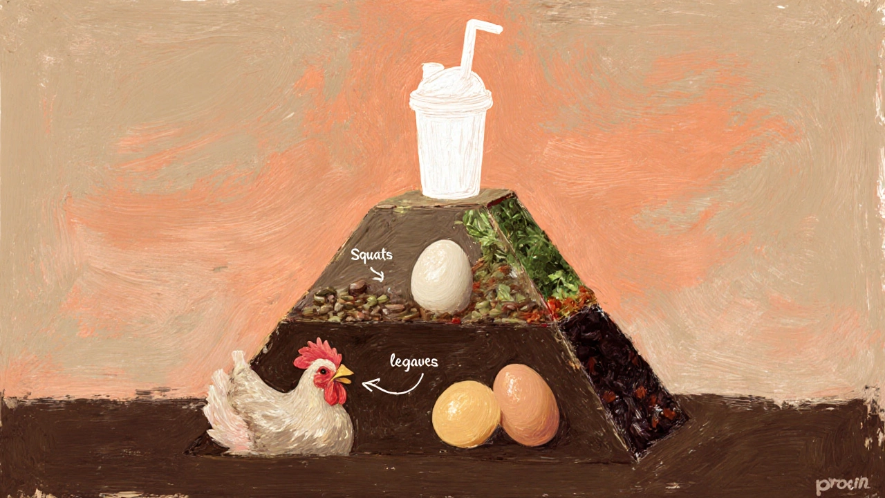 Концептуальная пирамида: питание, тренировки и протеин — основа роста упругих ягодиц.