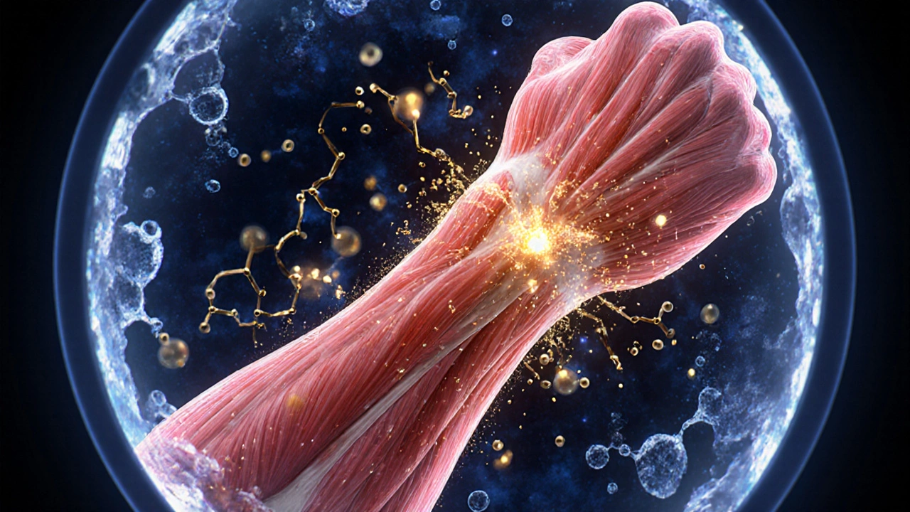 Микроскопическое изображение мышечного волокна, в которое входят креатин и аминокислоты.