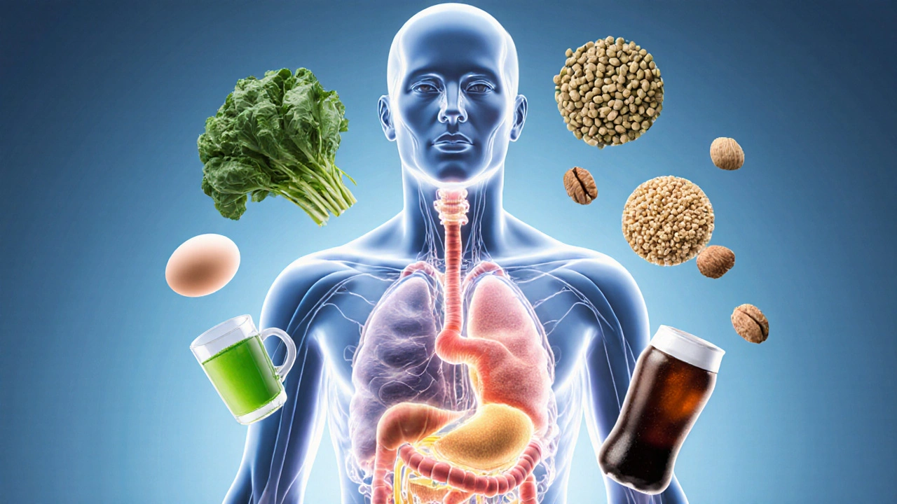 Прозрачное тело с окружающими его полезными продуктами, символизирующее здоровый метаболизм