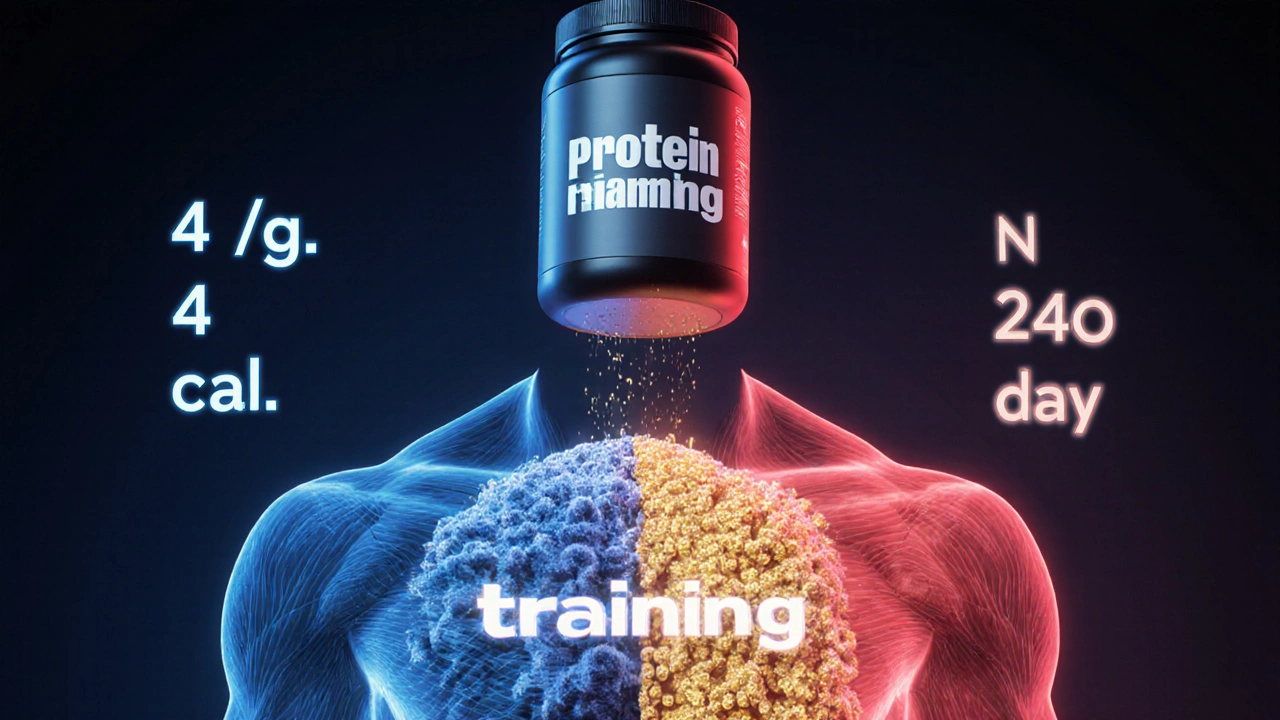 Прозрачное тело с жиром с одной стороны и мышцами с другой, над ним — порошок протеина.