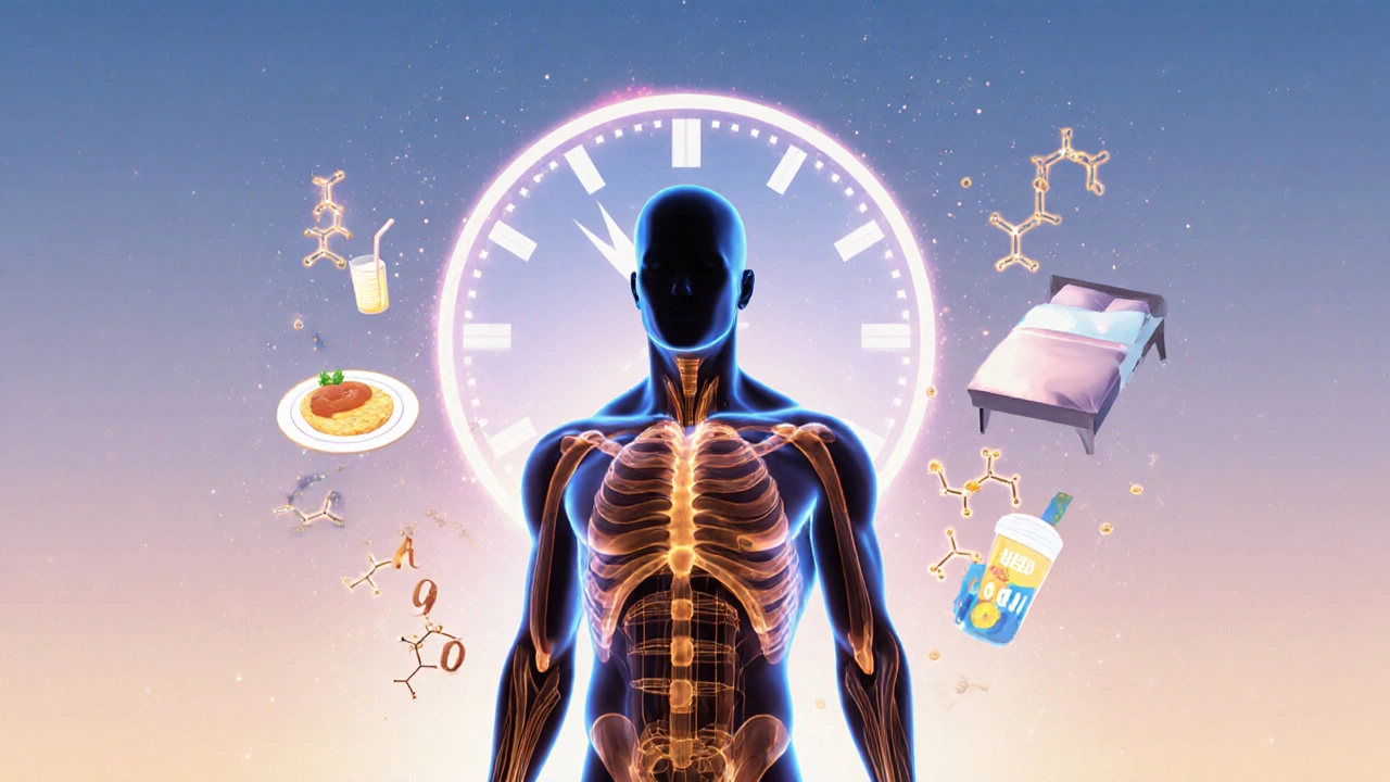 Прозрачный силуэт человека с подсвеченными мышцами и молекулами аминокислот вокруг.