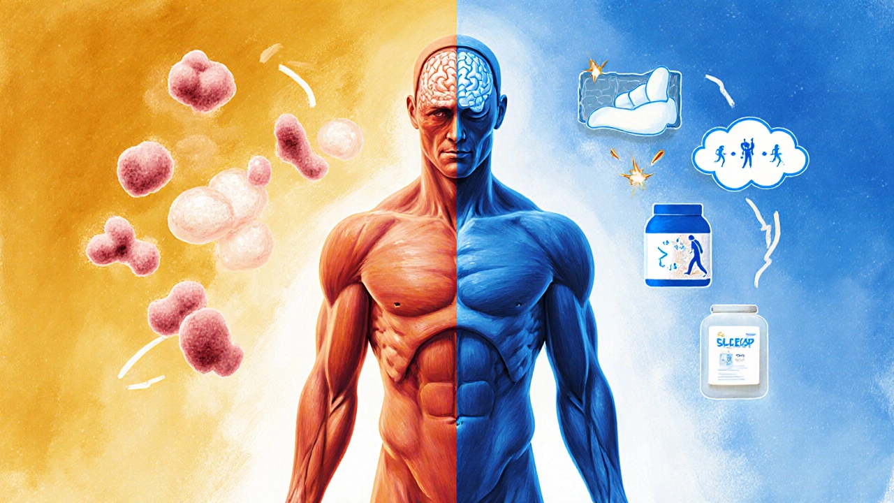 Разделённое изображение тела: слева — разрушение мышц и стресс, справа — здоровое похудение с питанием и движением.