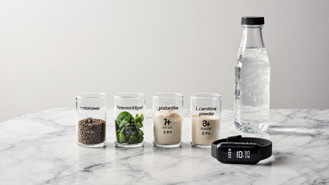 Разложенные на мраморе добавки для сжигания жира: кофеин, зелёный чай, L-карнитин и казеин с водой и фитнес-трекером.