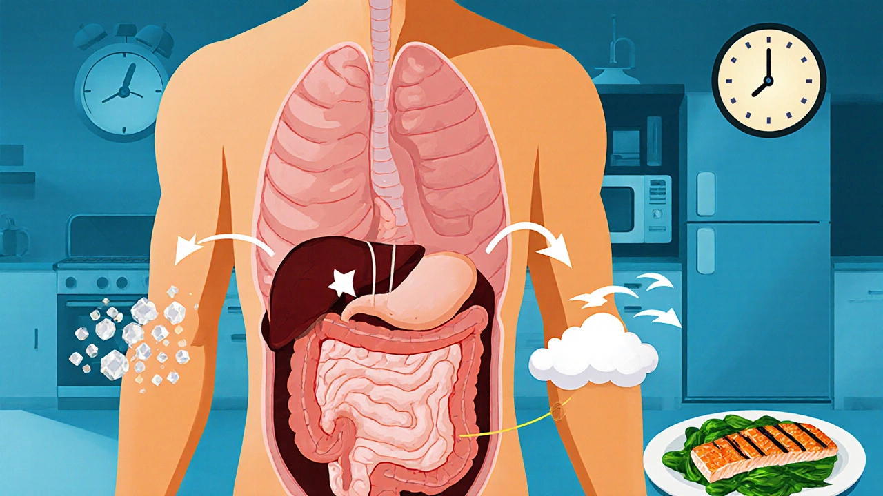 Разрез тела, показывающий висцеральный жир вокруг органов, с визуализацией сахара, кортизола и недосыпа как причин.