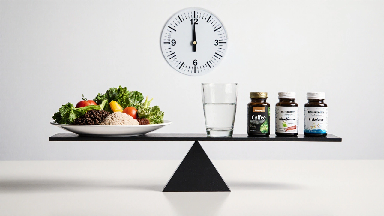 Сбалансированная чаша весов: здоровая еда с одной стороны, добавки — с другой.