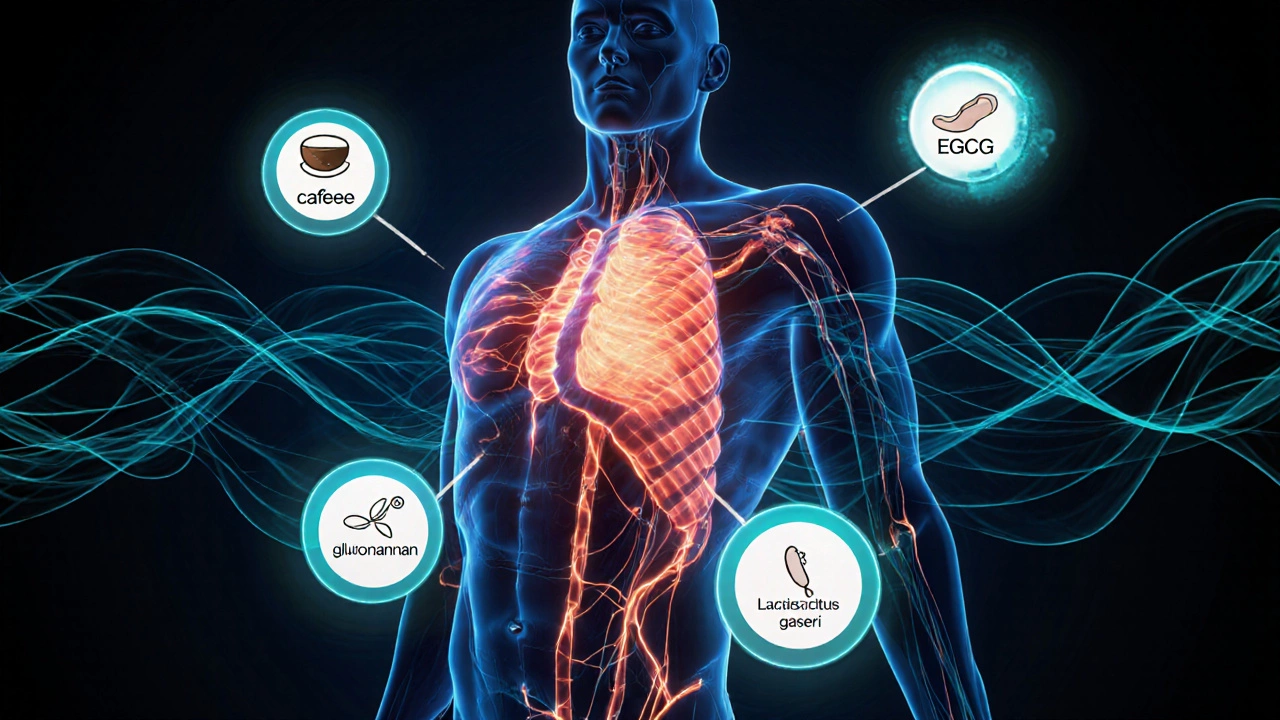 Схематичное изображение тела с путями сжигания жира и маркерами добавок.