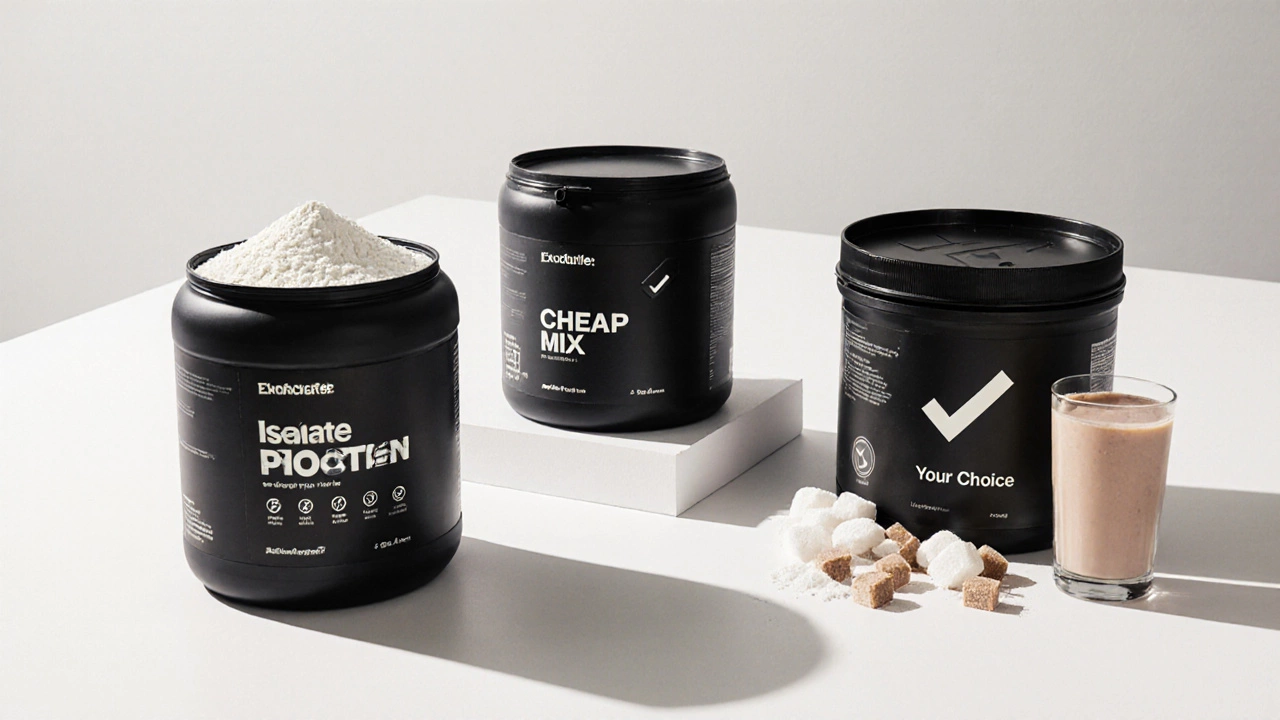 Три банки протеина: чистый изолят, сомнительная смесь и правильный выбор с галочкой.