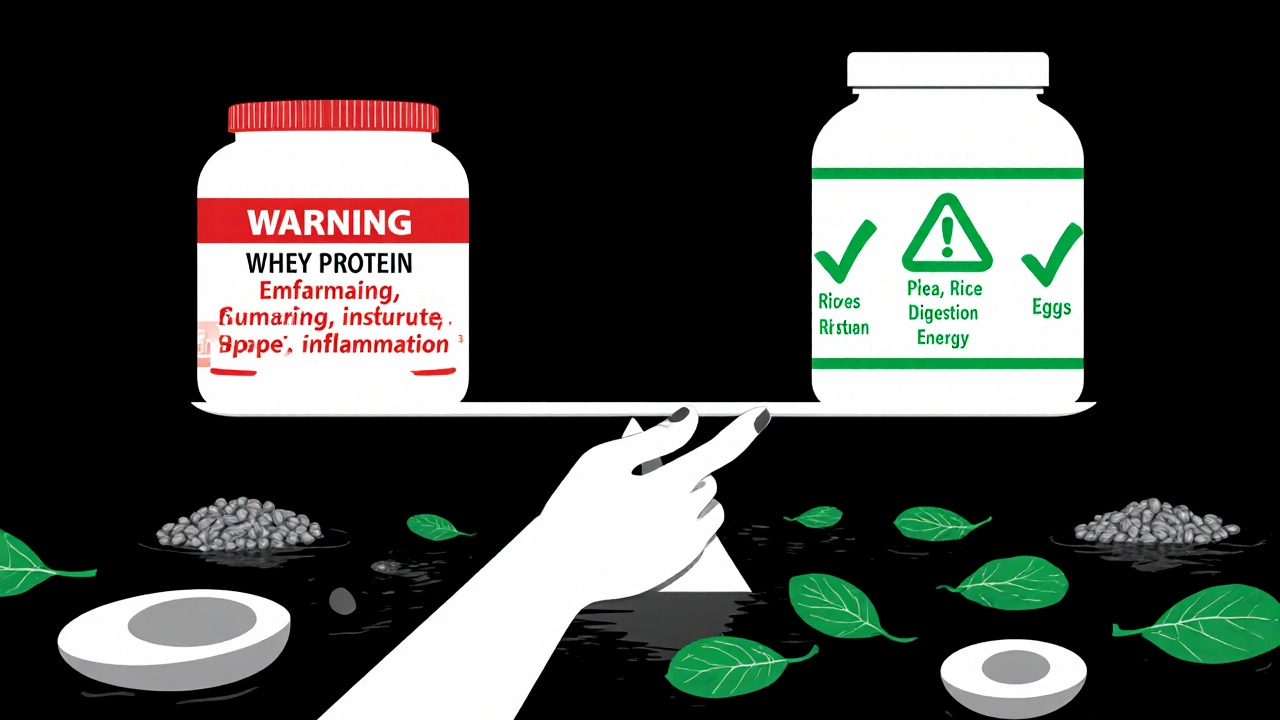Весы: с одной стороны — сыворотка с предупреждениями, с другой — растительный протеин с преимуществами.