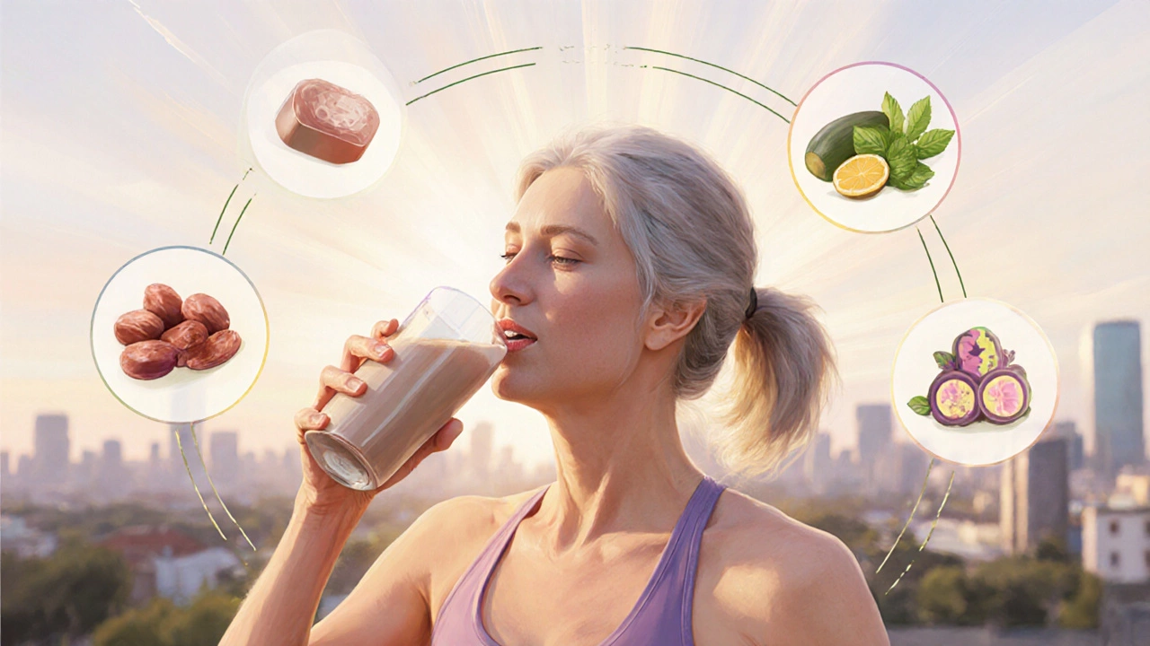 Женщина после тренировки пьёт растительный протеин, вокруг неё светятся нутриенты: железо, омега-3, антиоксиданты.