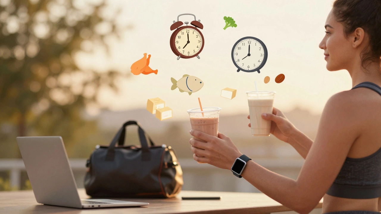 Человек держит два протеиновых коктейля, окруженный символами занятого дня — тренировка, работа, еда.