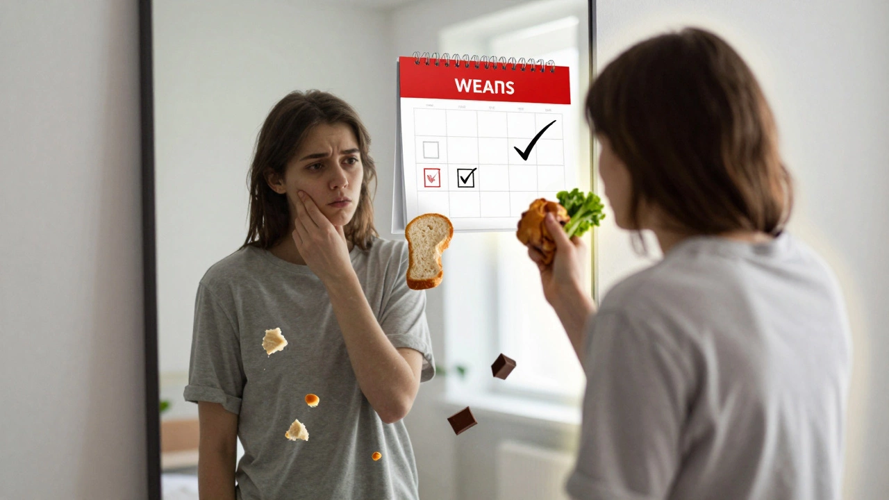 Человек смотрит в зеркало: две версии себя — одна уставшая, другая энергичная с белковой пищей.