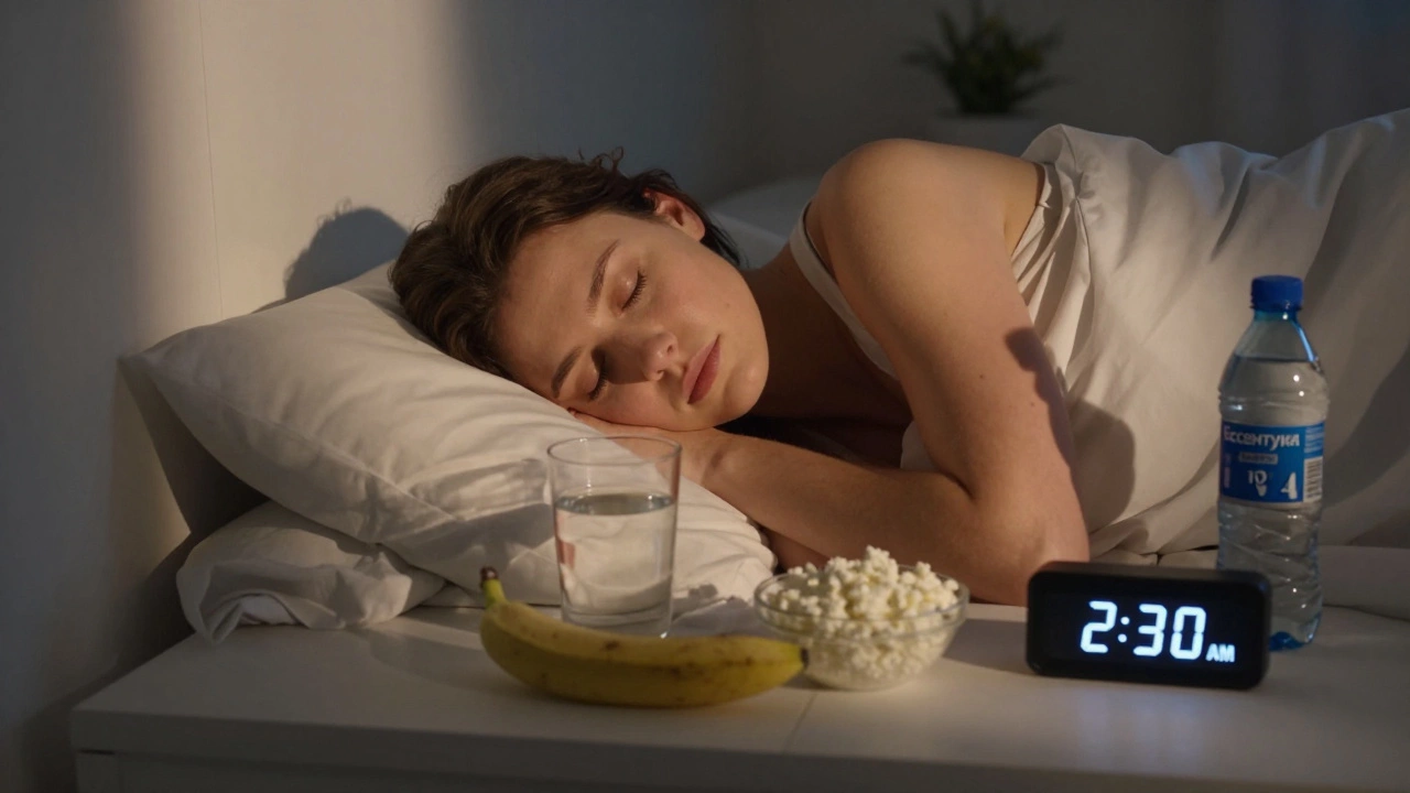 Человек спит в темной комнате, рядом — вода с бананом, творог и минеральная вода, мягкий лунный свет.