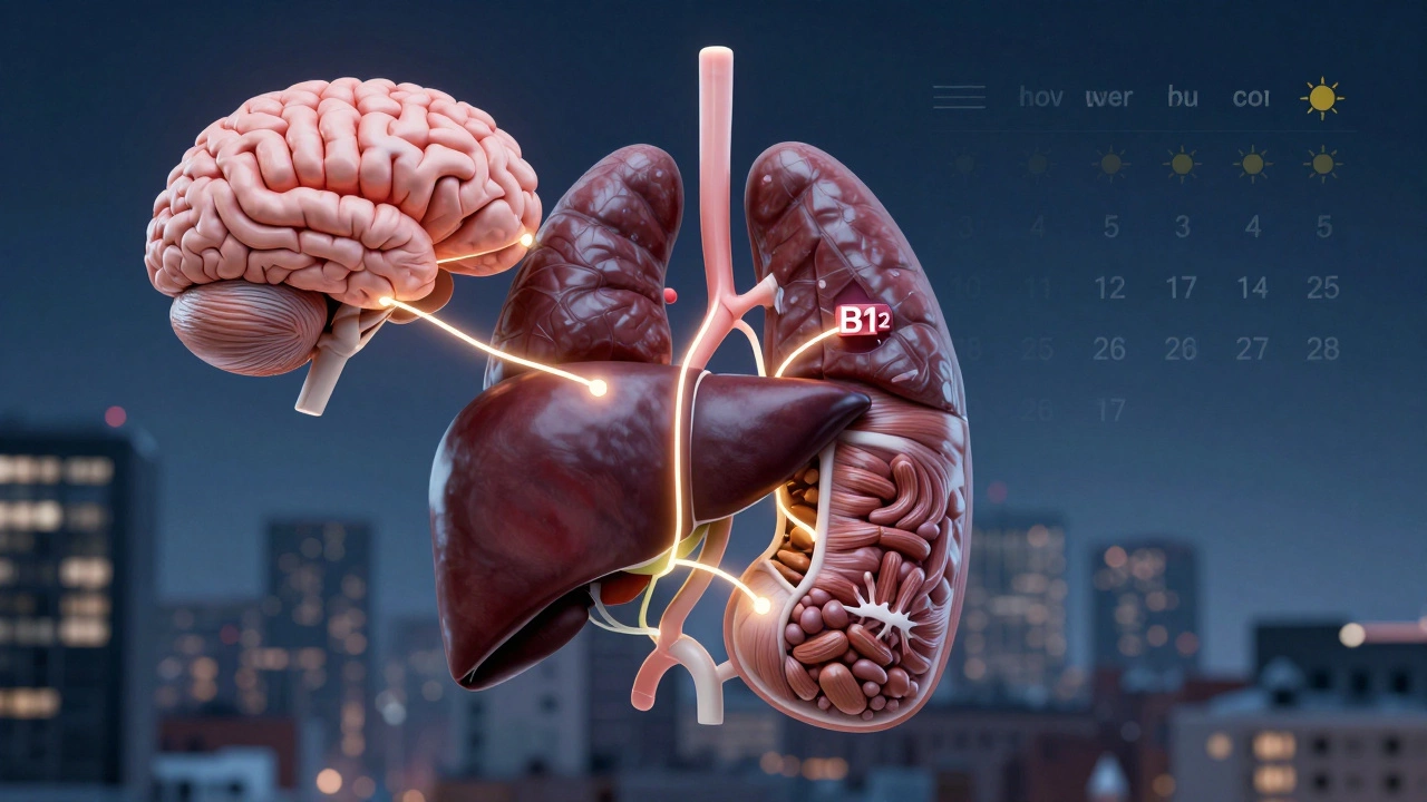 Цепочка органов с разорванной связью витамина D, обозначающая хроническую усталость