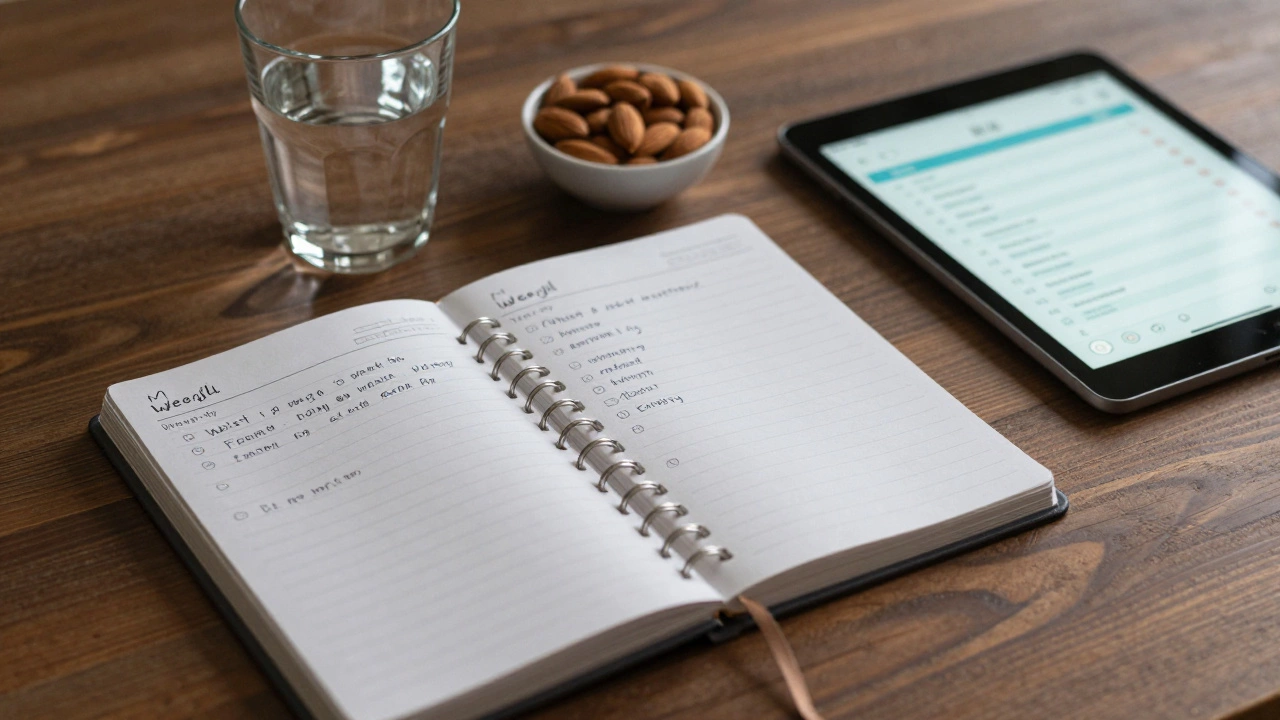 Еженедельный план с записями веса, сна и энергии на деревянном столе