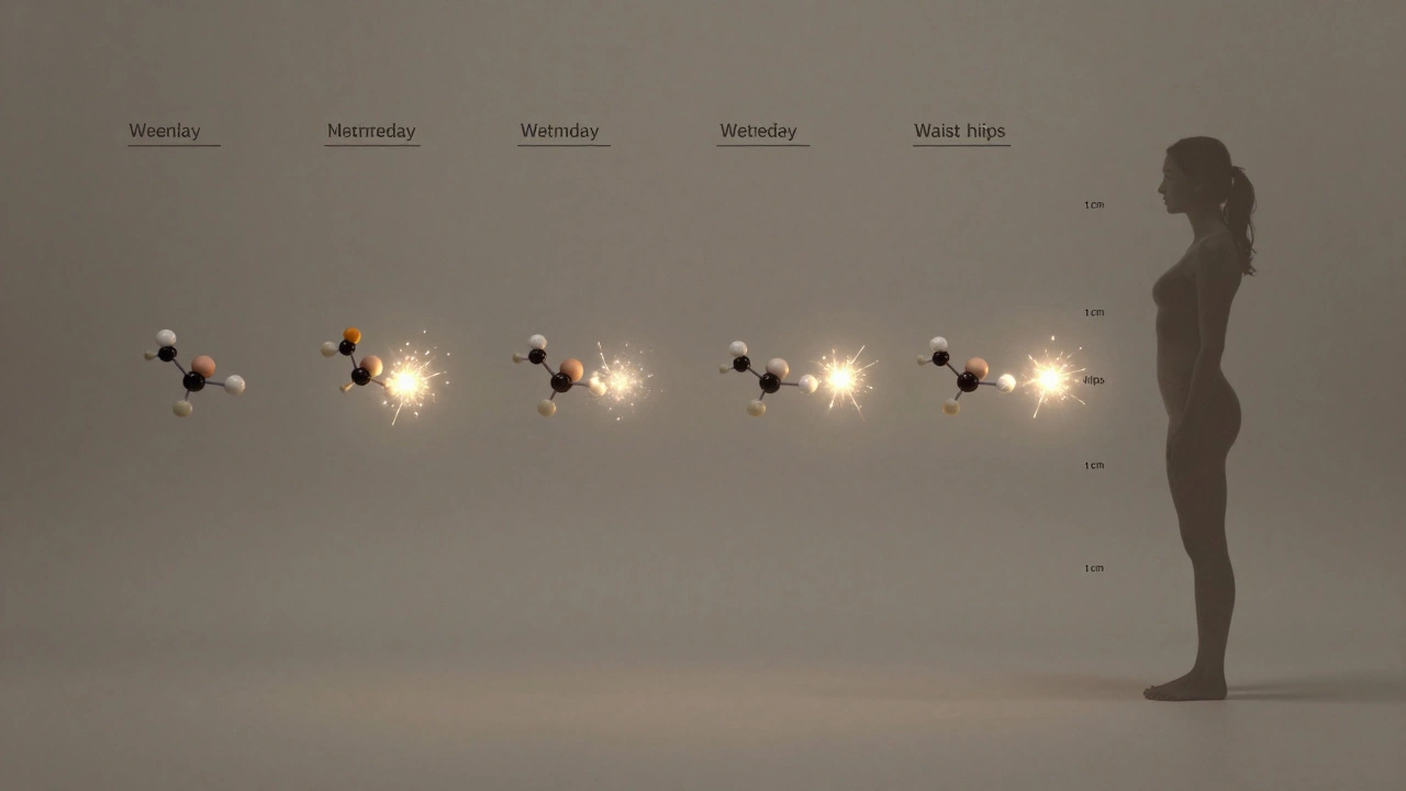 Календарь с постепенным уменьшением жировых клеток и утончением силуэта женщины в течение месяца.