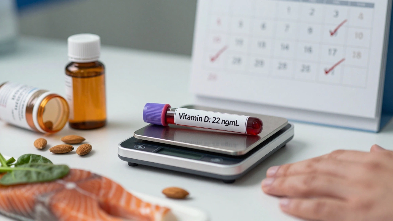 Кровяной анализ с низким уровнем витамина D и продуктами питания рядом