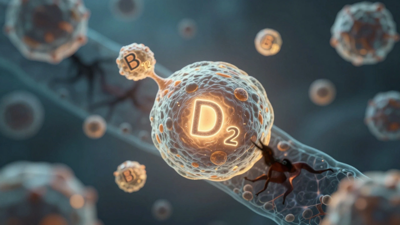 Микроскопическое изображение клетки с недостающими витаминами, символизирующее нехватку энергии