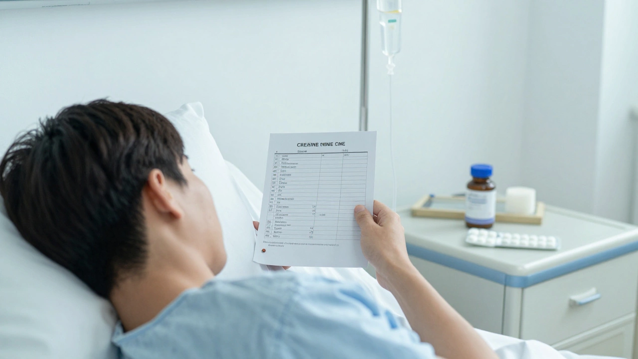 Пациент с болезнью почек смотрит на анализ крови, рядом лежит бутылка Л-карнитина.