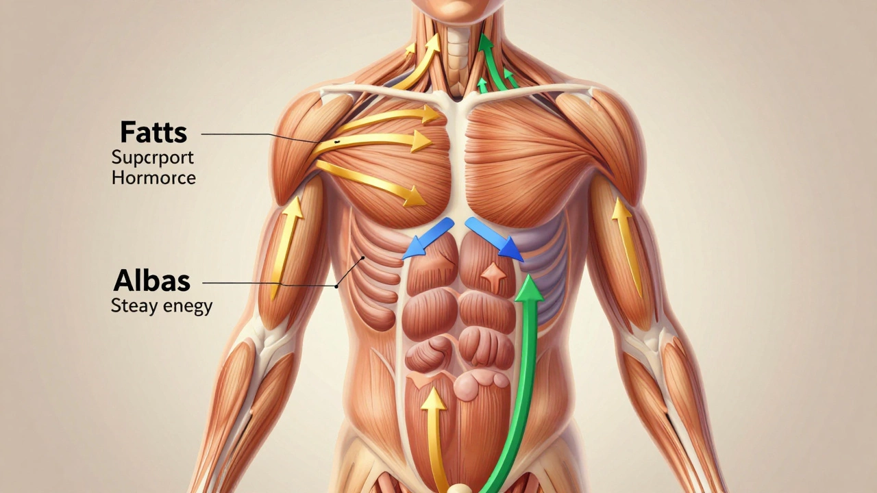 Прозрачное изображение тела с цветными потоками белков, жиров и углеводов внутри