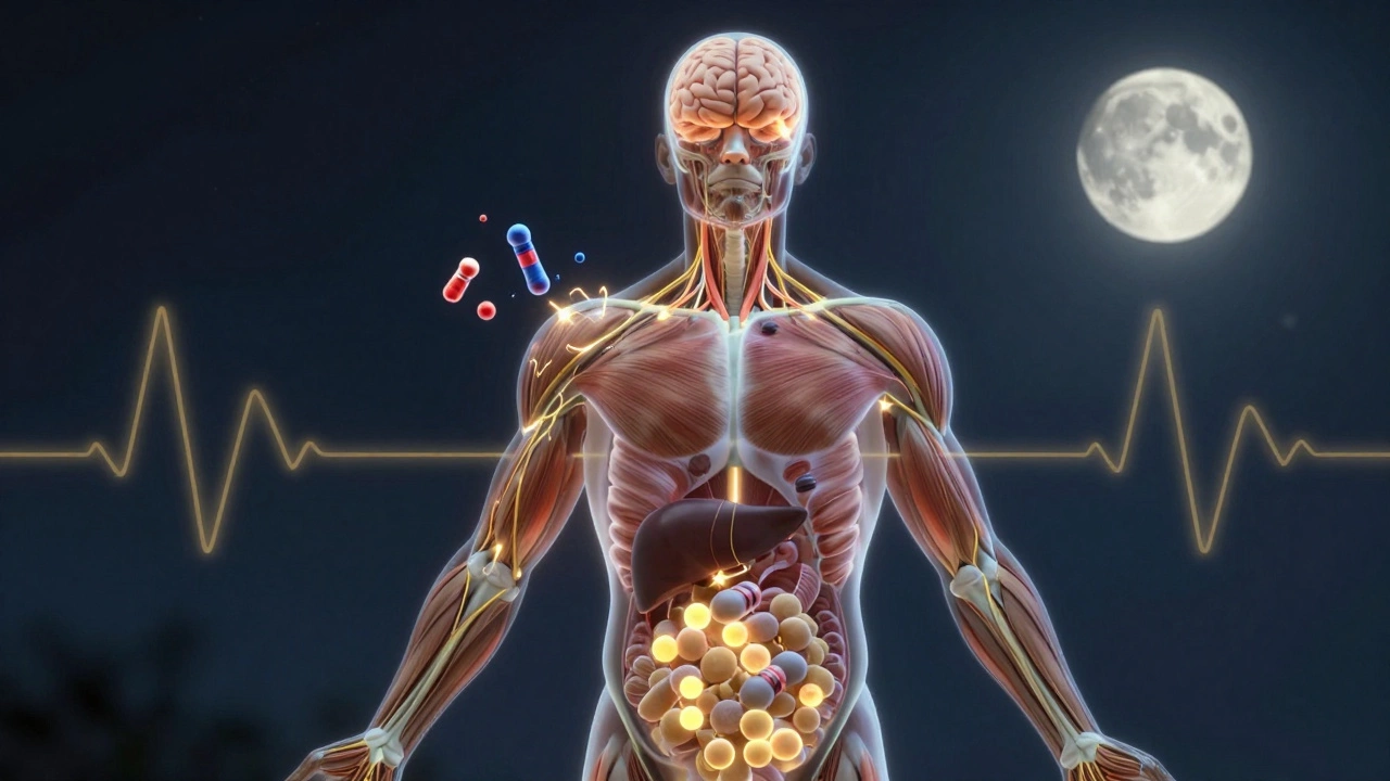 Прозрачное изображение тела с подсвеченными системами: запасы гликогена, нервные импульсы и тестостерон, окруженные золотым светом.