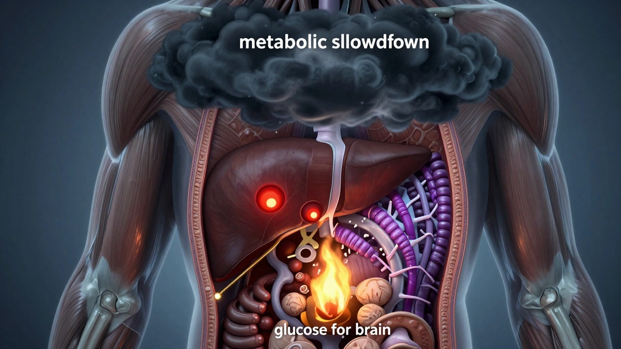 Разрез тела: жир уменьшается, мышцы разрушаются, метаболизм замедляется