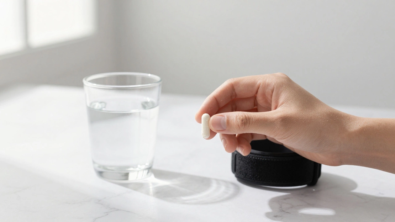 Рука держит капсулу креатина и стакан воды на белой поверхности при утреннем свете.