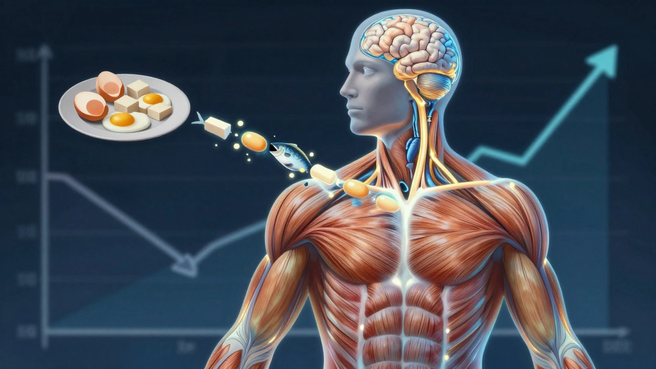 Силуэт человека с светящимися аминокислотами, питающими мышцы и мозг из белковой еды.