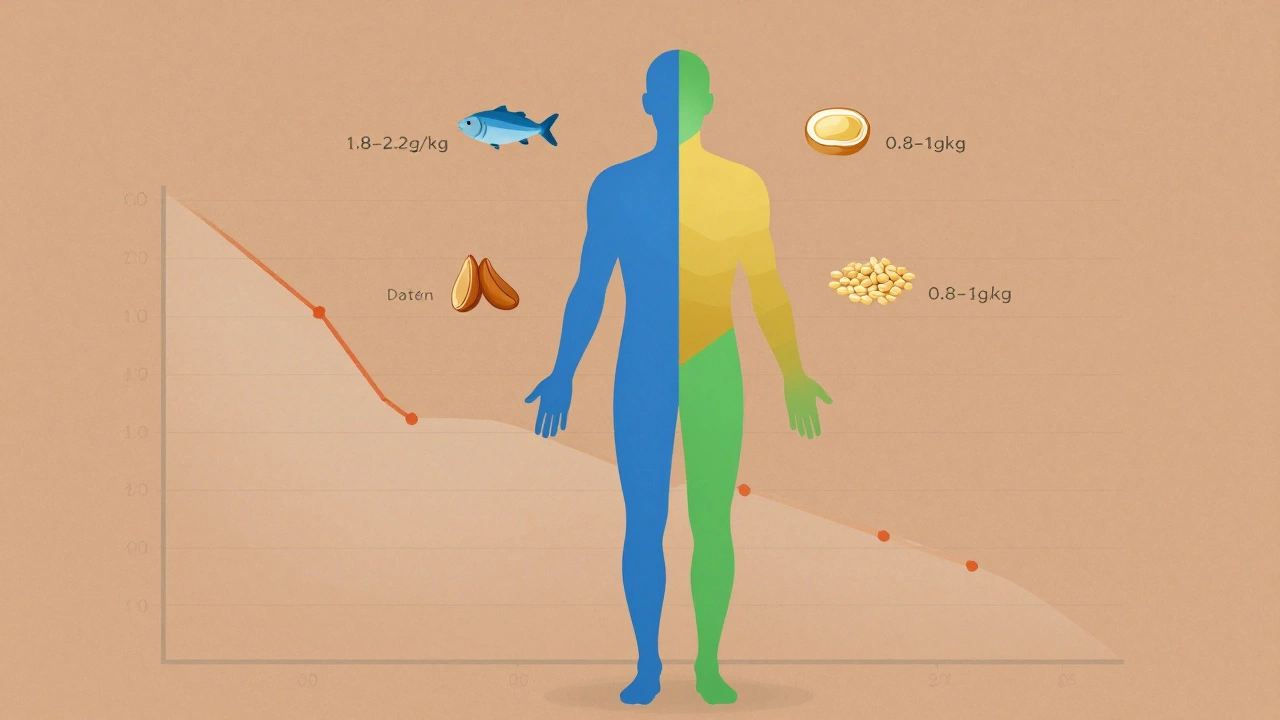 Силуэт тела с цветовыми зонами белков, жиров и углеводов, окруженный полезными продуктами