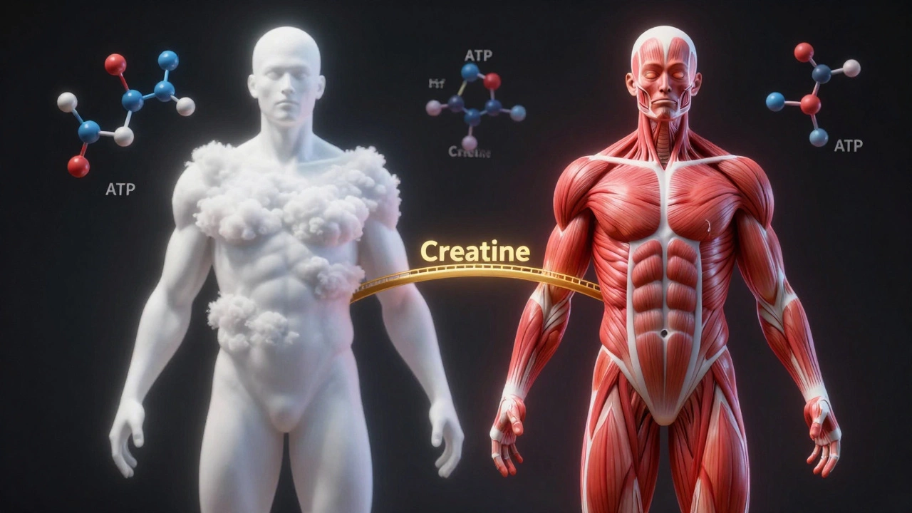 Силуэт тела с одной стороны покрыт жиром, с другой — мышцами, между ними — золотой мостик с молекулами креатина.