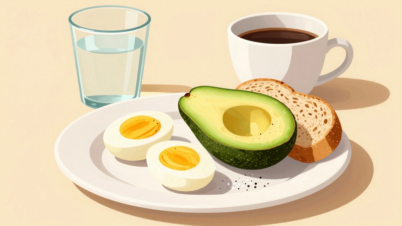 Тарелка с яйцами, авокадо и цельнозерновым хлебом утром