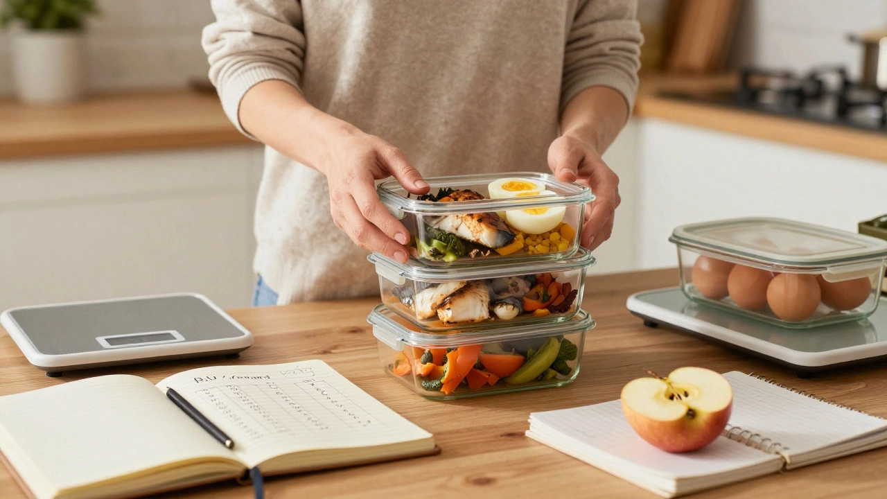 Женщина готовит порции еды в стеклянных контейнерах на кухне утром