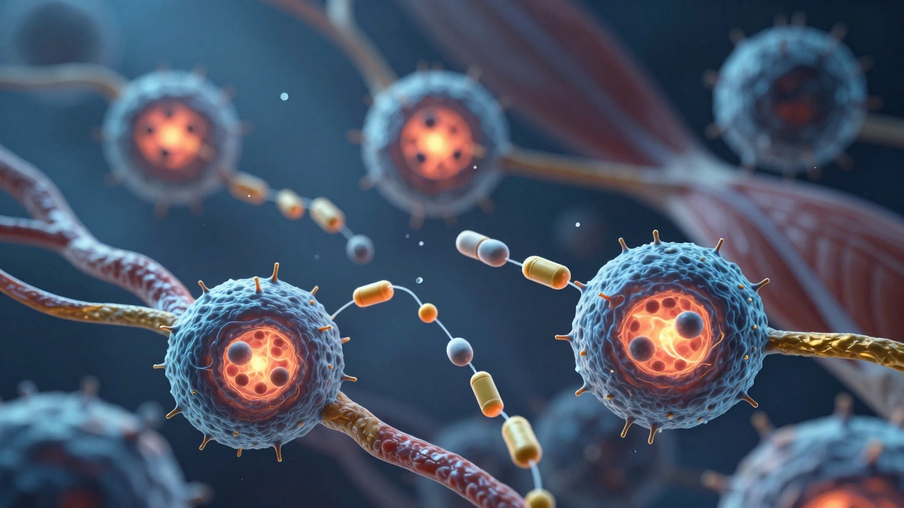 Абстрактное изображение митохондрий, переносящих жирные кислоты с помощью молекул L-карнитина.